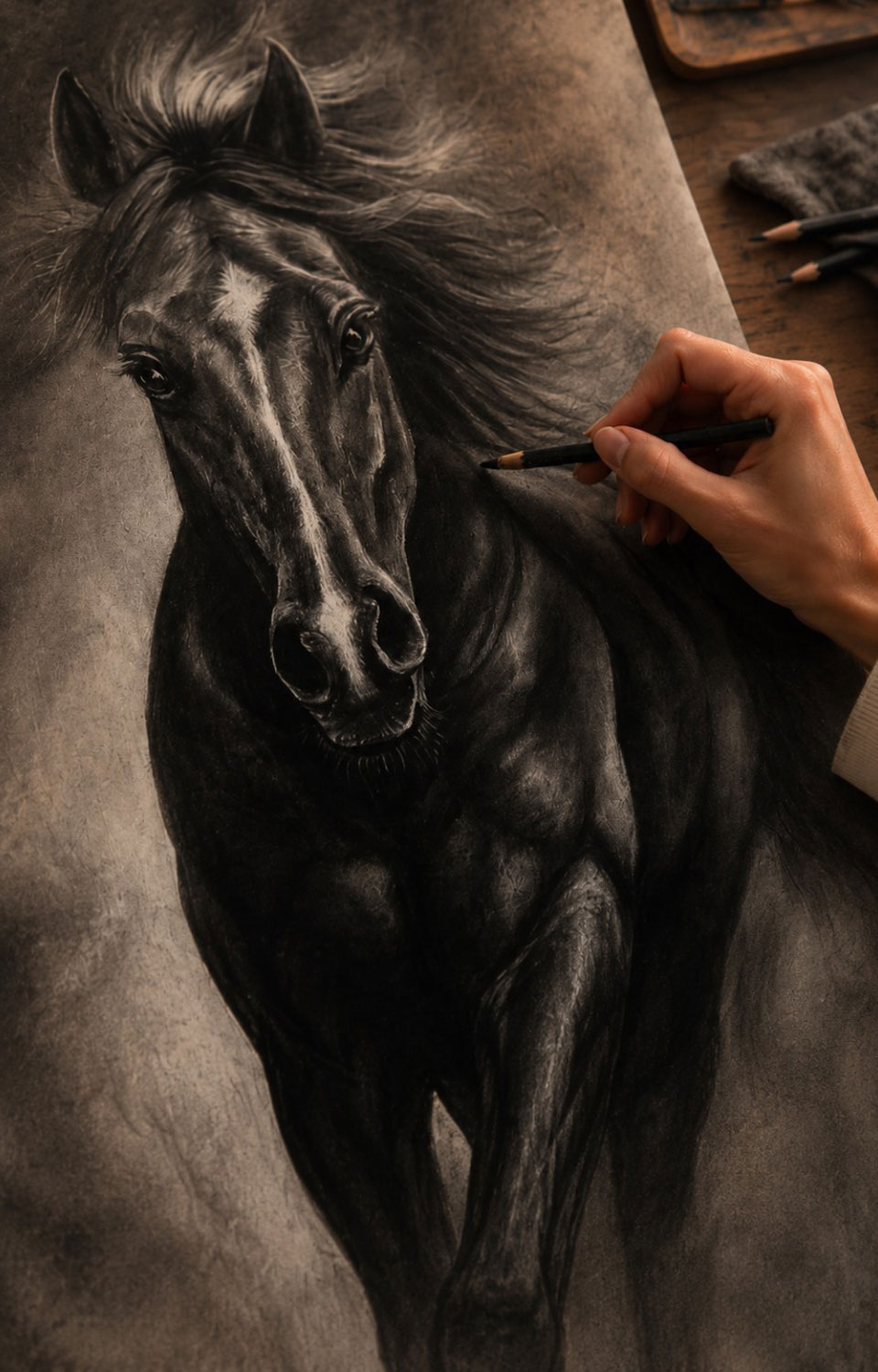 La mano de Mariela Crapuzzi trabajando con un carboncillo sobre el dibujo de un caballo al galope, con la bandeja de barras de carboncillo y los difuminos junto al papel.